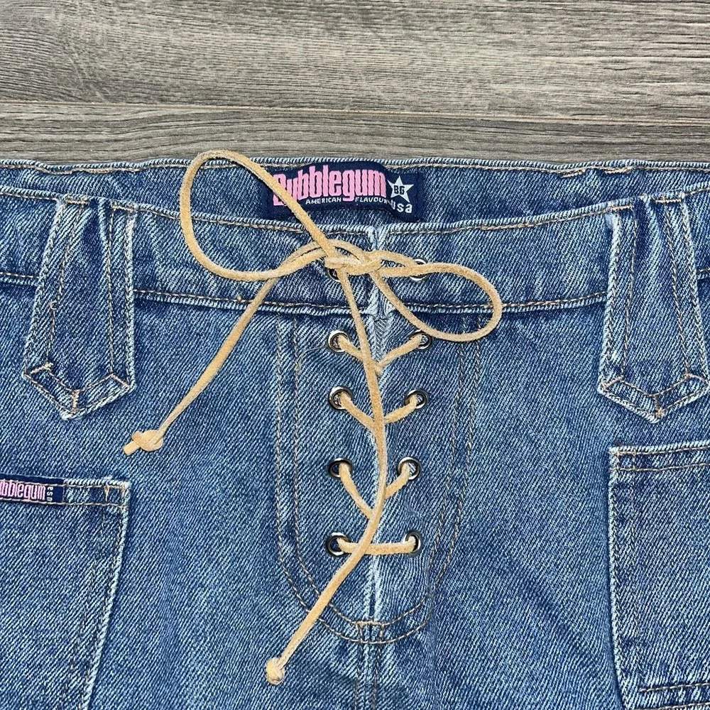 Y2K 2000s Bubblegum Lace Front Denim Mini Skirt Size 5/6 Vintage